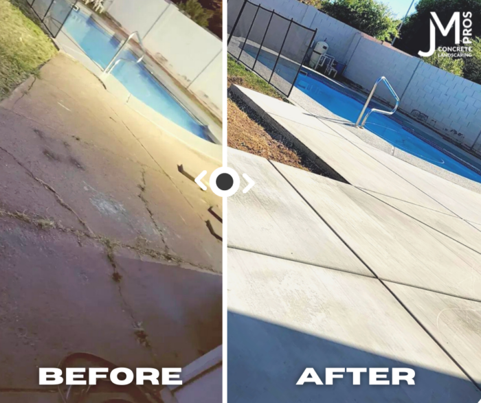 Concrete patio with pool before and after landscaping